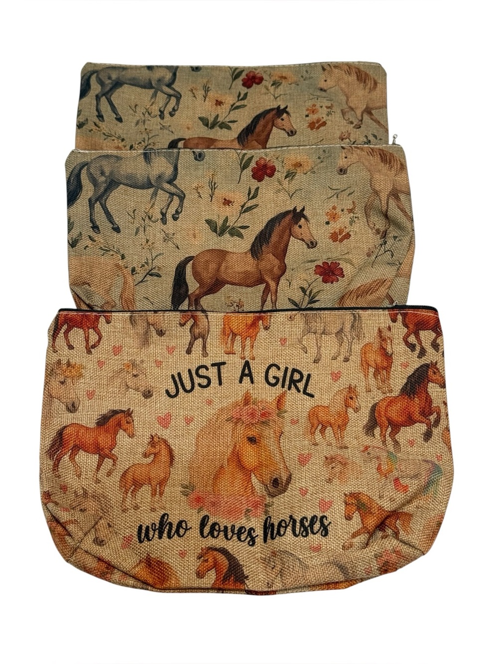 NWOT Set of Three Horse Lover Cowgirl Western Makeup Cosmetic Zippered Bags